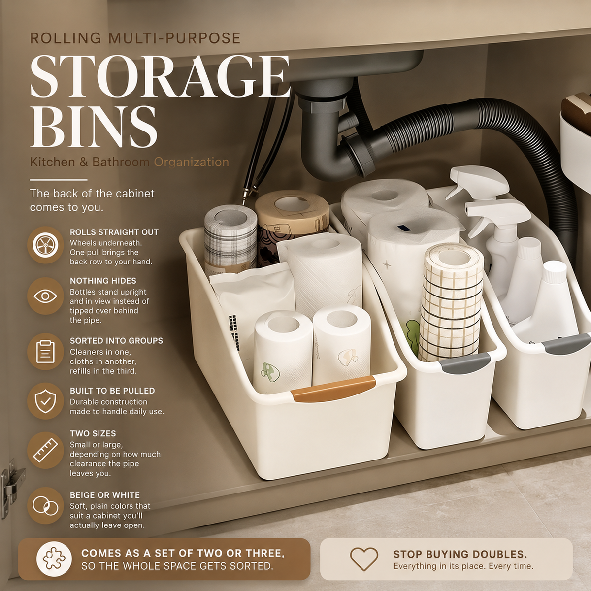 Rolling Multi-Purpose Storage Bins — Kitchen & Bathroom Organization