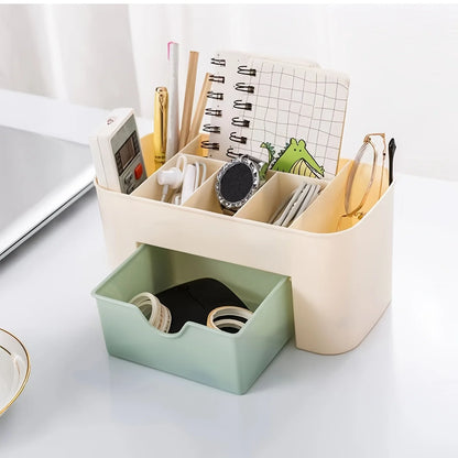 6-Compartment Makeup Organizer — Vanity & Office Desk Storage with Drawer