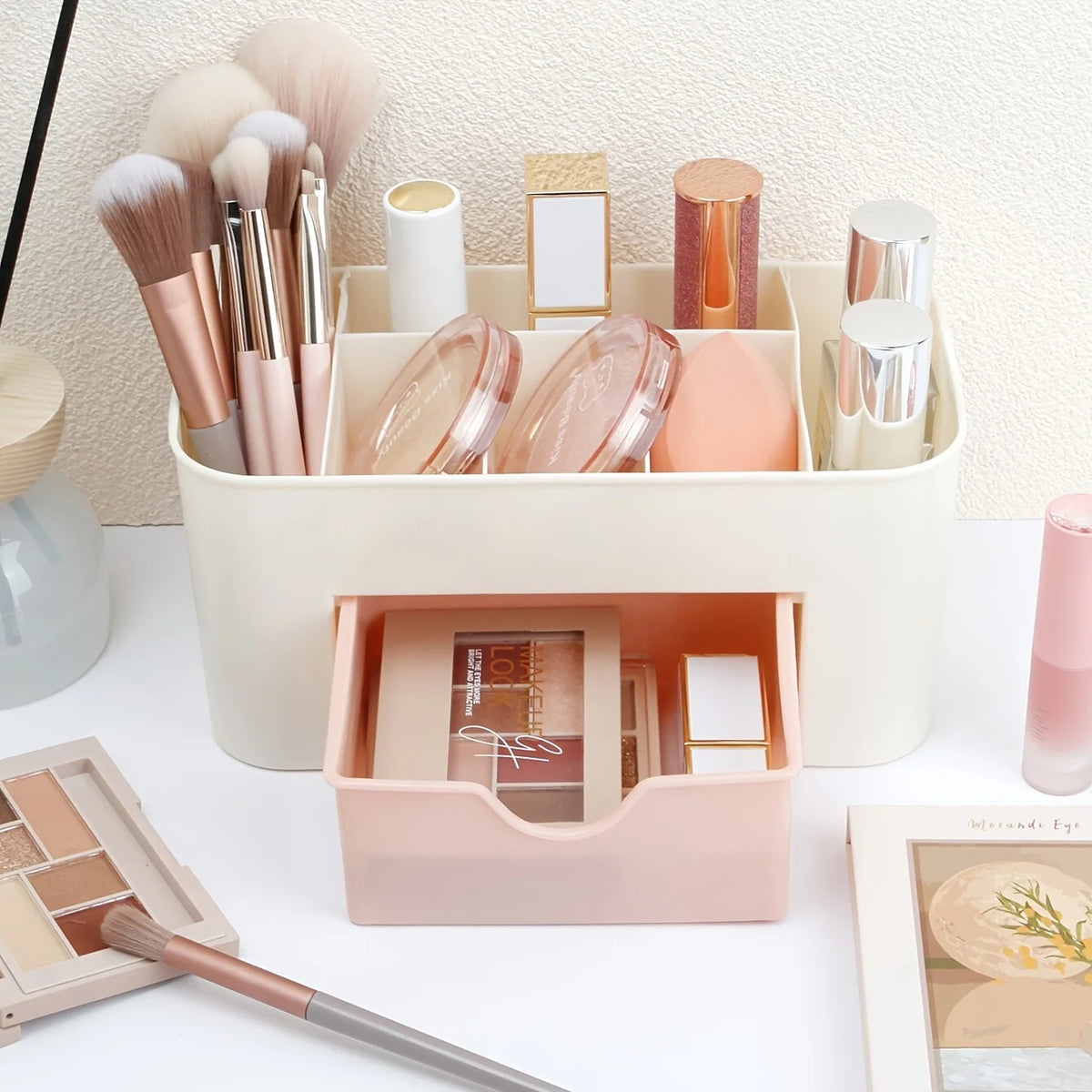 6-Compartment Makeup Organizer — Vanity & Office Desk Storage with Drawer