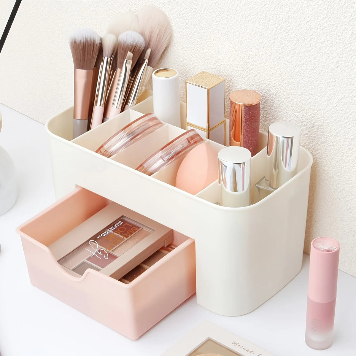 6-Compartment Makeup Organizer — Vanity & Office Desk Storage with Drawer